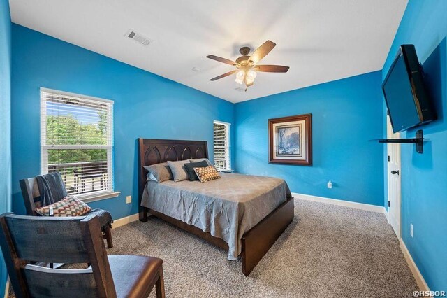 bedroom featuring ceiling fan, carpet floors, visible vents, and baseboards