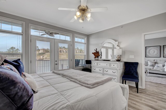 532 Grand Point Dr Unit C1, Hot Springs, AR 71901 - bedroom with access to outside, baseboards, light wood-style flooring, crown molding, and a ceiling fan
