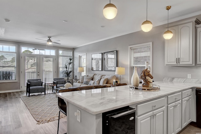 532 Grand Point Dr Unit C1, Hot Springs, AR 71901 - kitchen with decorative light fixtures, a peninsula, ornamental molding, and ceiling fan