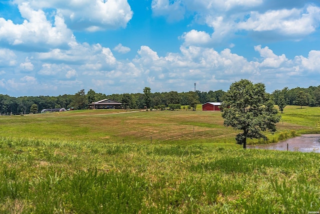 view of yard with a rural view, a view of trees, and a detached garage