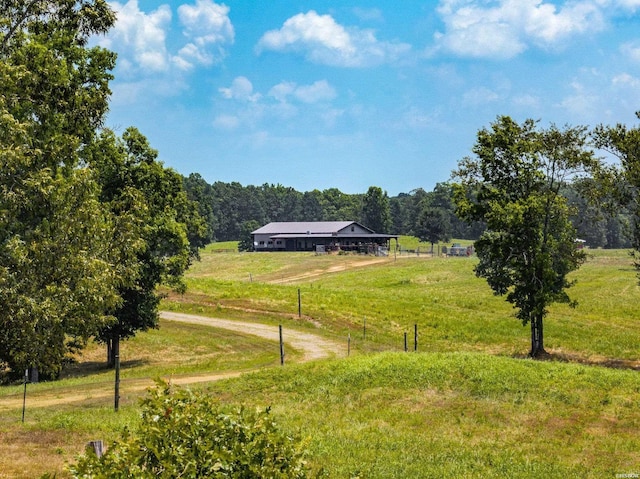 view of property's community featuring a forest view, a yard, a rural view, and dirt driveway