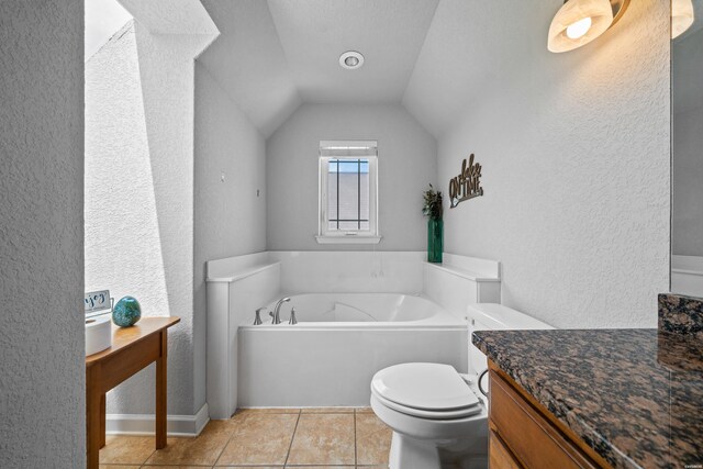 full bath with lofted ceiling, a textured wall, tile patterned flooring, and a bath