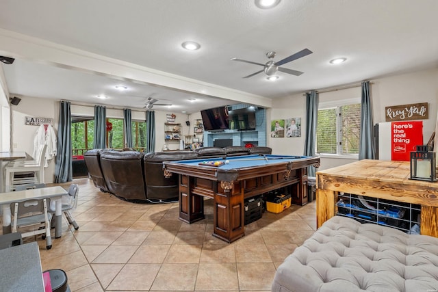 rec room featuring ceiling fan, pool table, healthy amount of natural light, light tile patterned floors, and recessed lighting