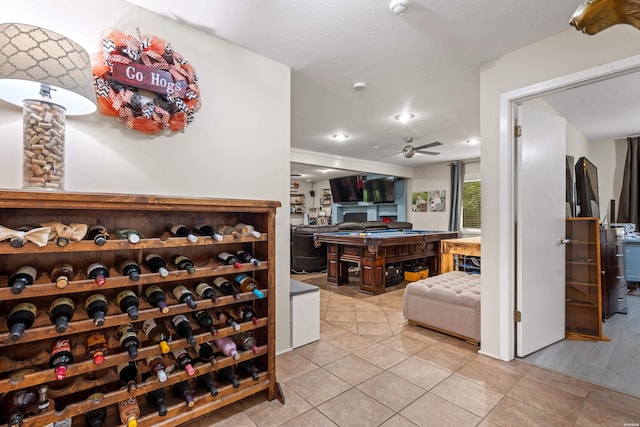 wine area featuring ceiling fan, light tile patterned floors, pool table, and recessed lighting