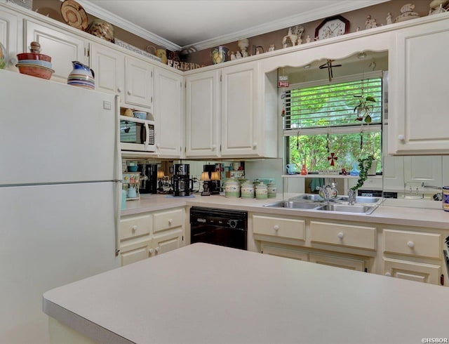 400 Farr Shores Dr Unit 15F, Hot Springs, AR 71913 - kitchen with a sink, white cabinets, white appliances, light countertops, and ornamental molding