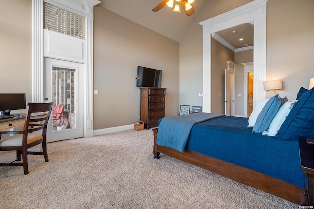116 Lake Forest Shores Dr, Hot Springs, AR 71913 - bedroom featuring carpet floors, ornamental molding, high vaulted ceiling, and baseboards