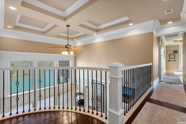 116 Lake Forest Shores Dr, Hot Springs, AR 71913 - hallway featuring recessed lighting, ornamental molding, coffered ceiling, and visible vents