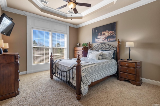 116 Lake Forest Shores Dr, Hot Springs, AR 71913 - bedroom featuring a tray ceiling, light colored carpet, visible vents, and ornamental molding