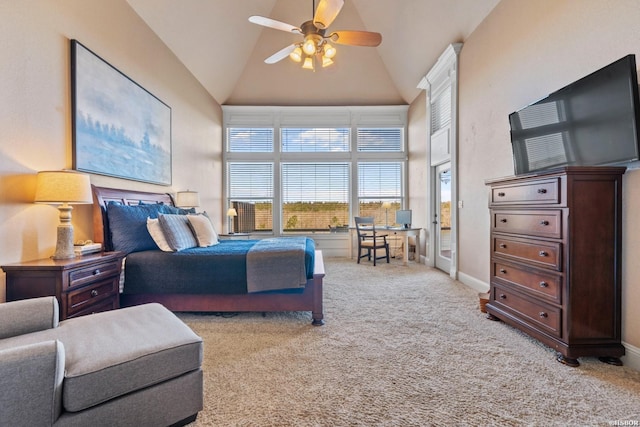 116 Lake Forest Shores Dr, Hot Springs, AR 71913 - carpeted bedroom featuring baseboards, high vaulted ceiling, and a ceiling fan