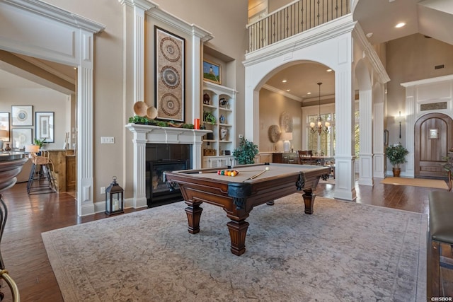 116 Lake Forest Shores Dr, Hot Springs, AR 71913 - rec room featuring a fireplace with flush hearth, high vaulted ceiling, and wood finished floors