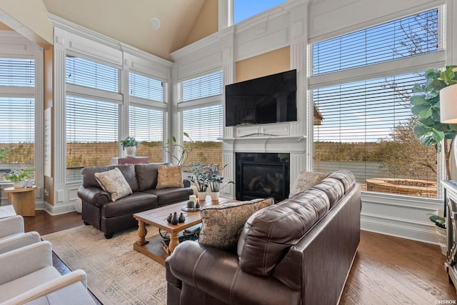 116 Lake Forest Shores Dr, Hot Springs, AR 71913 - living room with a high end fireplace, baseboards, high vaulted ceiling, and wood finished floors