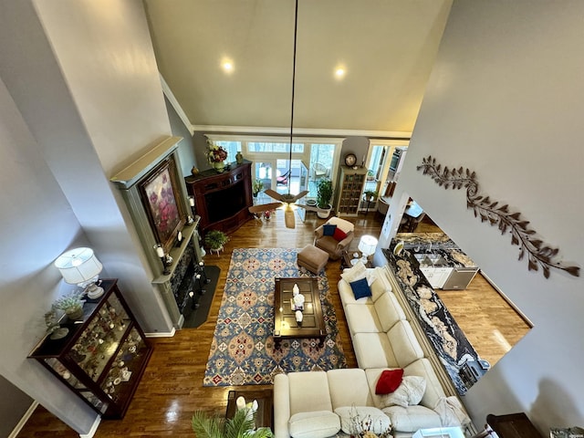 living room with dark wood-type flooring and a towering ceiling