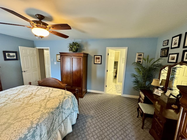 bedroom featuring carpet floors, baseboards, and a ceiling fan