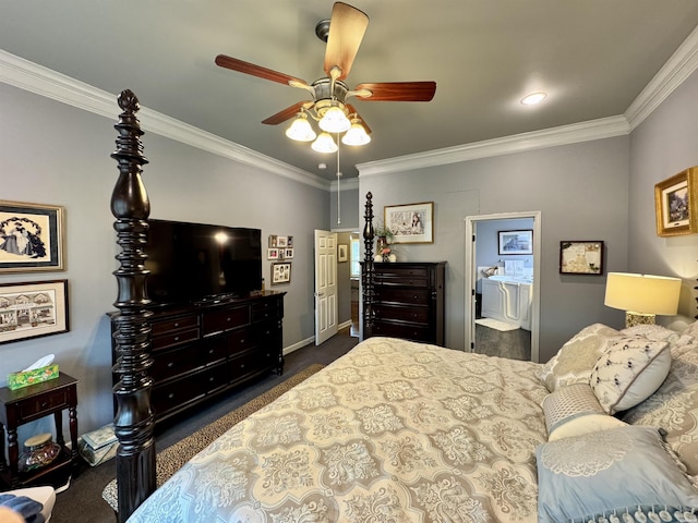 bedroom with dark colored carpet and crown molding