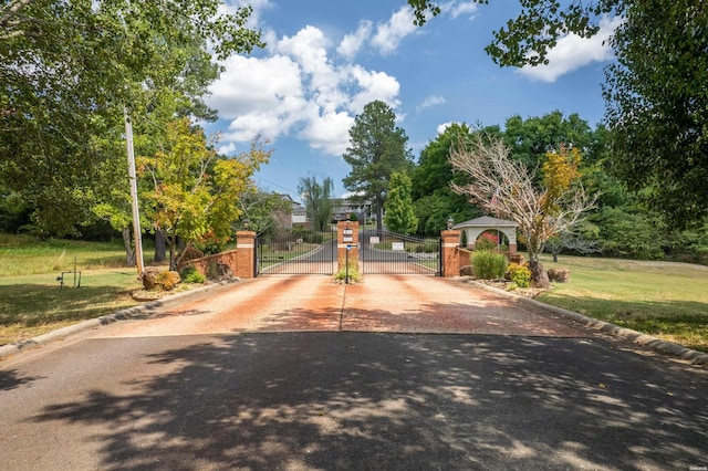 view of street featuring curbs, a gated entry, and a gate