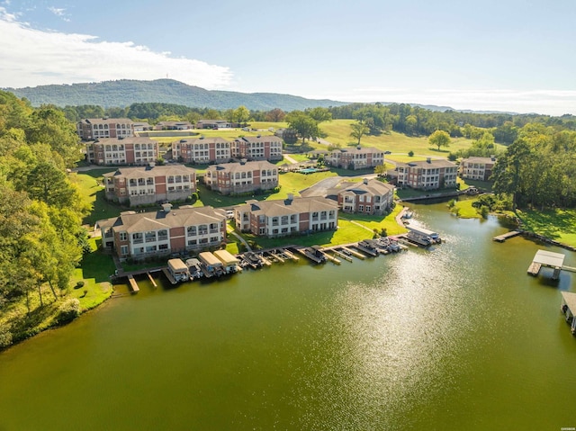 birds eye view of property featuring a water and mountain view