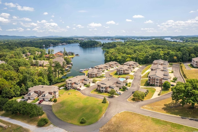 aerial view featuring a residential view and a water view