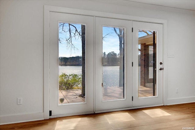 entryway with light wood finished floors, a water view, and baseboards