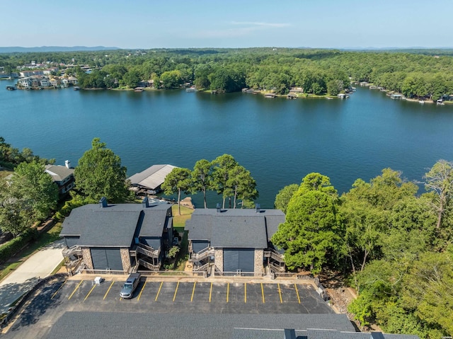 bird's eye view with a water view and a view of trees