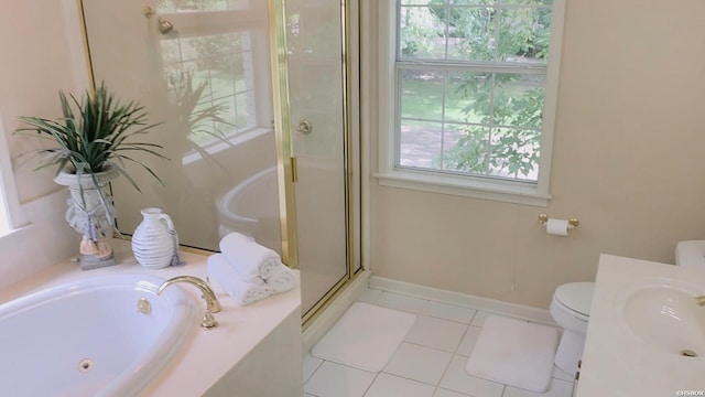 338 Sunset Bay Rd, Hot Springs, AR 71913 - bathroom featuring a stall shower, a tub with jets, tile patterned flooring, and vanity
