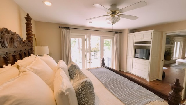 338 Sunset Bay Rd, Hot Springs, AR 71913 - bedroom featuring access to exterior, wood finished floors, recessed lighting, and a ceiling fan