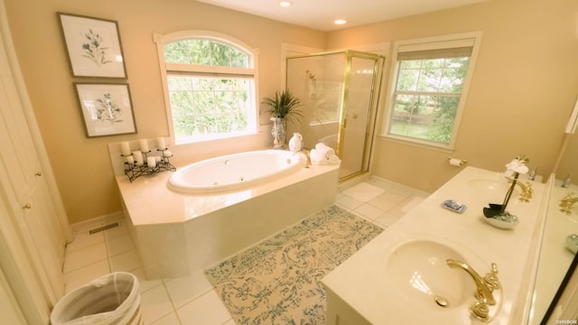 338 Sunset Bay Rd, Hot Springs, AR 71913 - full bath featuring tile patterned flooring, a whirlpool tub, a stall shower, double vanity, and recessed lighting