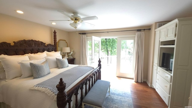 338 Sunset Bay Rd, Hot Springs, AR 71913 - bedroom with access to outside, wood finished floors, recessed lighting, and ceiling fan