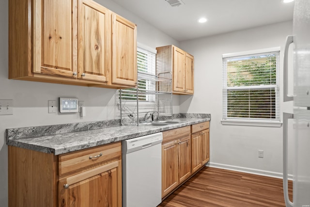 231 Garland Ave, Hot Springs, AR 71913 - kitchen with white dishwasher, dark wood-style floors, healthy amount of natural light, recessed lighting, and light brown cabinetry