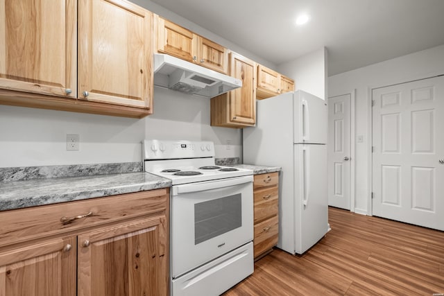 231 Garland Ave, Hot Springs, AR 71913 - kitchen with white appliances, under cabinet range hood, light wood finished floors, light countertops, and light brown cabinets