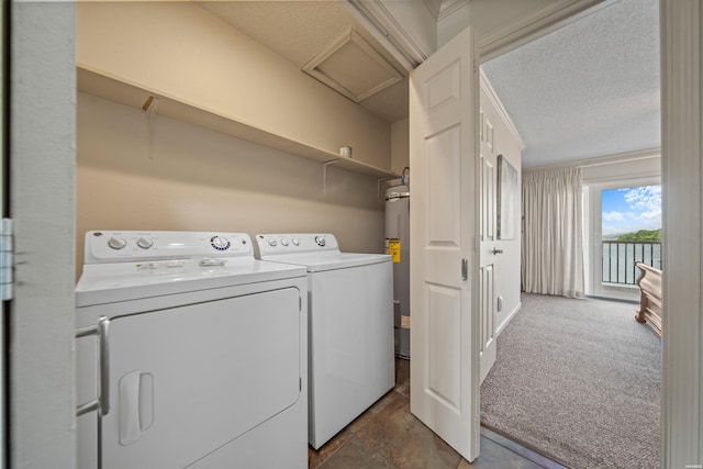5371 Central Ave Unit 6J, Hot Springs, AR 71913 - washroom featuring washing machine and dryer, attic access, water heater, dark carpet, and dark stone finish flooring