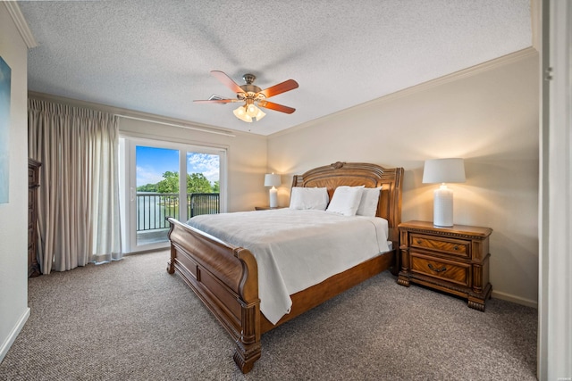 5371 Central Ave Unit 6J, Hot Springs, AR 71913 - carpeted bedroom featuring access to exterior, crown molding, a textured ceiling, a ceiling fan, and baseboards