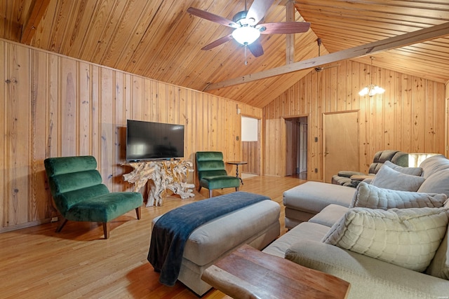 living area featuring wooden ceiling, wood finished floors, and wooden walls