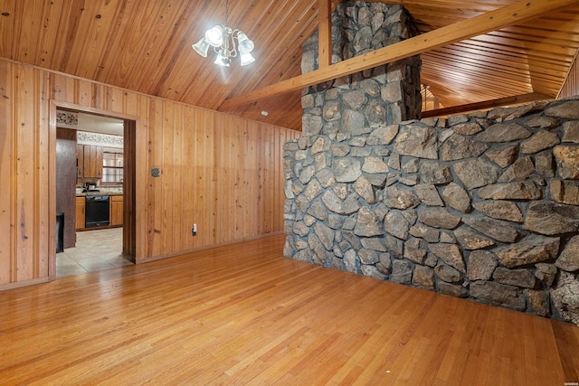 unfurnished living room featuring light wood-style floors, wood ceiling, and wooden walls