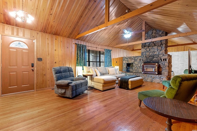 living area featuring high vaulted ceiling, wood walls, wood finished floors, wood ceiling, and beam ceiling