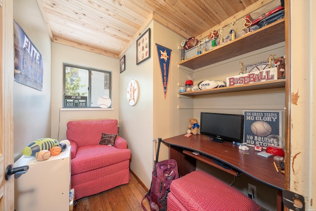 office featuring wooden ceiling and wood finished floors