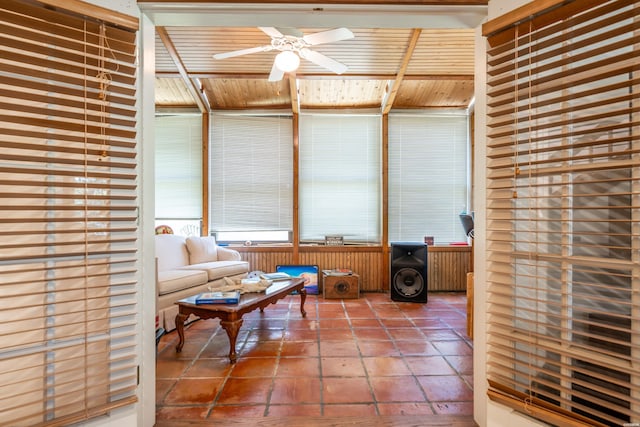 sunroom with wooden ceiling, a ceiling fan, and radiator