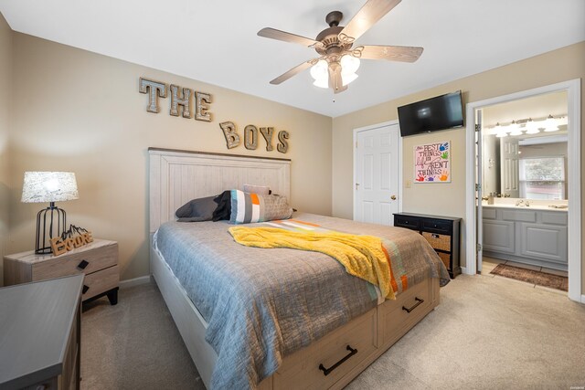125 Eagle View Pt, Hot Springs, AR 71913 - bedroom featuring light colored carpet, a ceiling fan, ensuite bathroom, and baseboards
