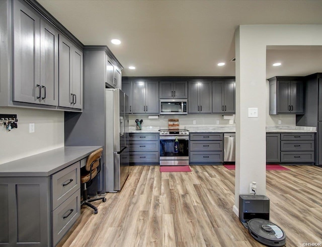 111 Westgate Ter, Hot Springs, AR 71913 - kitchen with light countertops, recessed lighting, gray cabinets, light wood-style floors, and appliances with stainless steel finishes