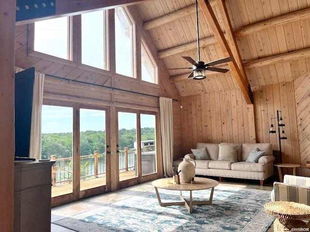 280 Overview Cir, Hot Springs, AR 71913 - living room featuring a wood ceiling with exposed beams, plenty of natural light, high vaulted ceiling, wood walls, and a ceiling fan