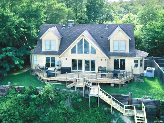 280 Overview Cir, Hot Springs, AR 71913 - back of house with a wooden deck, a fenced backyard, stairs, and a forest view