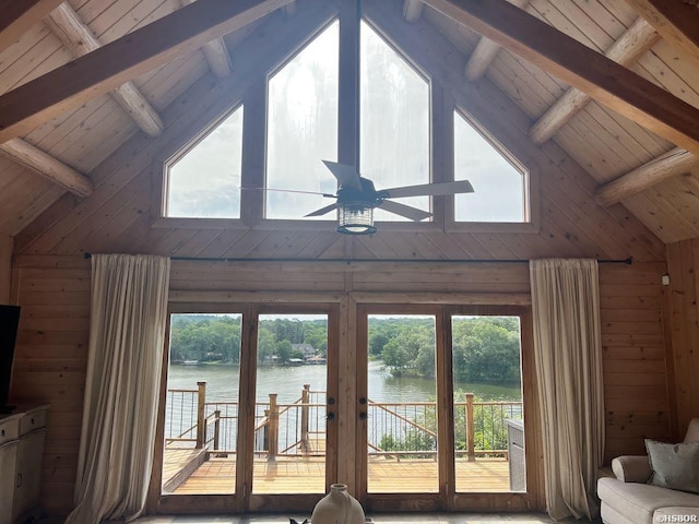 280 Overview Cir, Hot Springs, AR 71913 - living area with a water view, ceiling fan, wood walls, plenty of natural light, and high vaulted ceiling