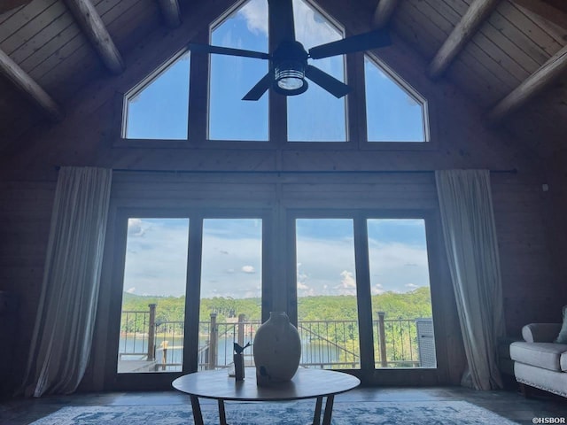 280 Overview Cir, Hot Springs, AR 71913 - living room featuring high vaulted ceiling, healthy amount of natural light, a ceiling fan, a wooden ceiling with exposed beams, and wood finished floors