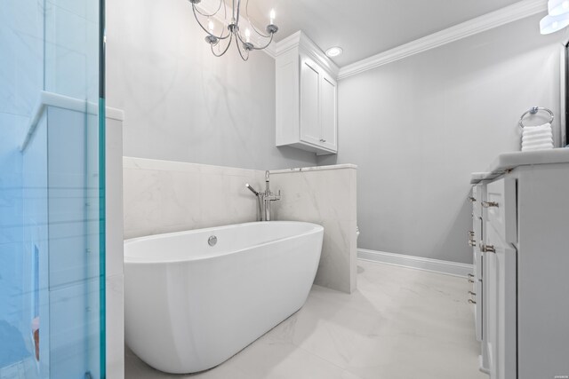 201 Summertime Bay, Hot Springs, AR 71913 - bathroom with crown molding, a freestanding tub, marble finish floors, vanity, and a chandelier