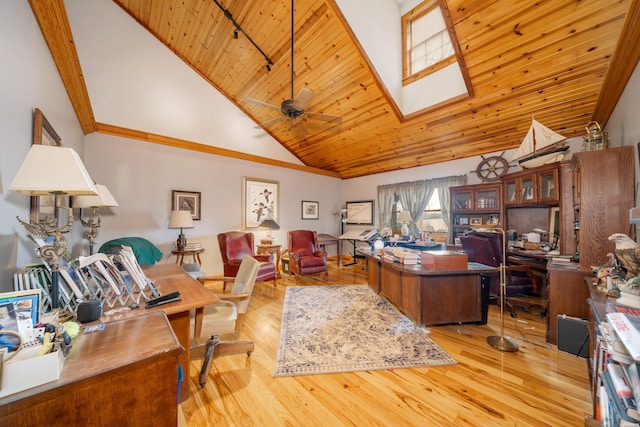 office with ceiling fan, high vaulted ceiling, wooden ceiling, a skylight, and light wood finished floors