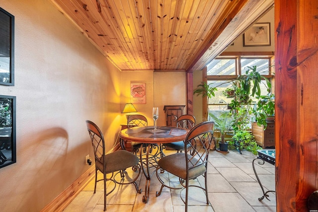 dining room featuring wooden ceiling and baseboards