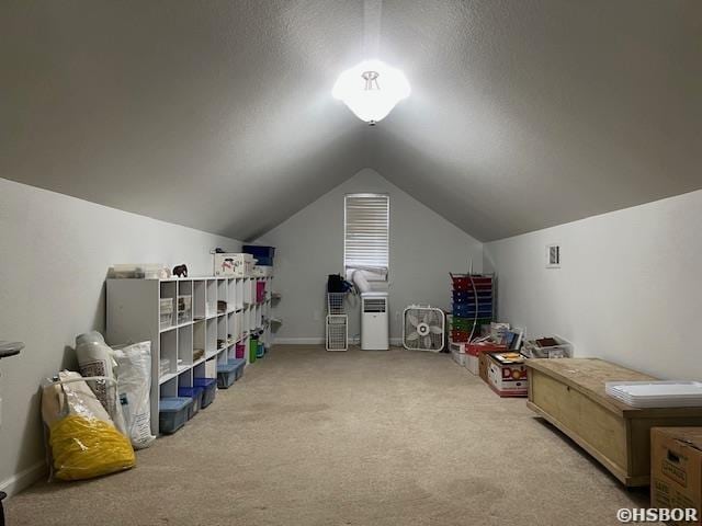 107 Legacy Ln, Hot Springs, AR 71901 - recreation room with baseboards, vaulted ceiling, a textured ceiling, and light colored carpet