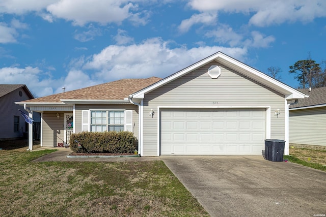 ranch-style house featuring a garage, concrete driveway, roof with shingles, and a front yard