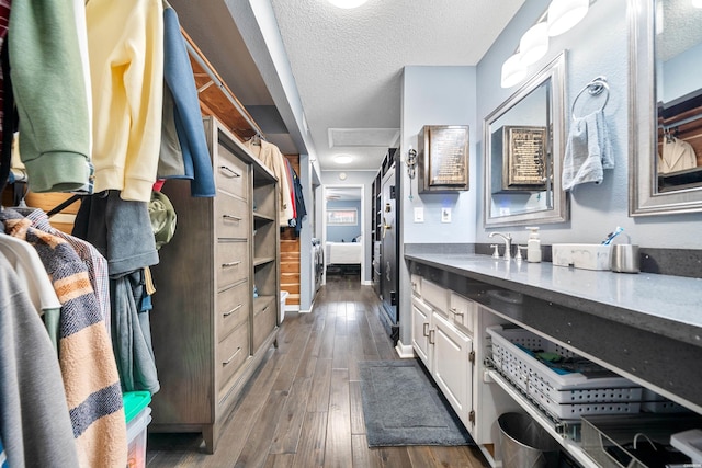 walk in closet with attic access, dark wood-style flooring, and a sink