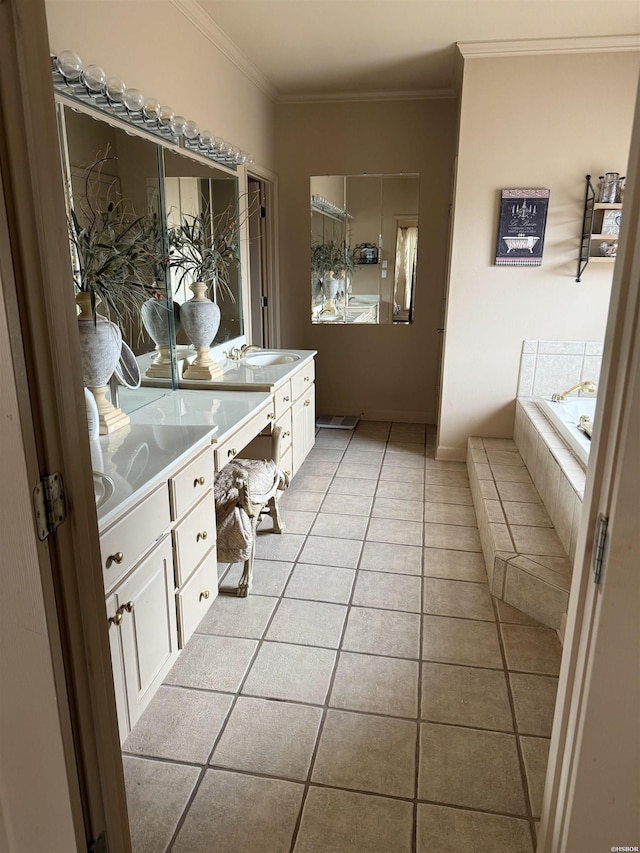 bathroom featuring tile patterned flooring, a sink, double vanity, tiled tub, and crown molding