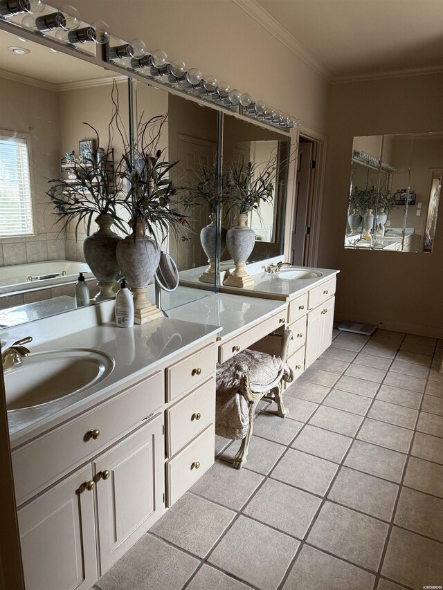 bathroom with ornamental molding, vanity, and tile patterned floors